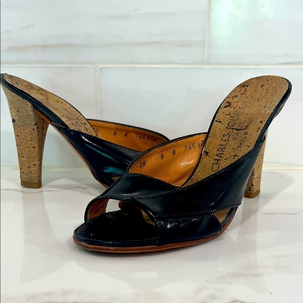 Charles Jourdan Vintage Black Patent Leather Cork  Heels Sandals Mules